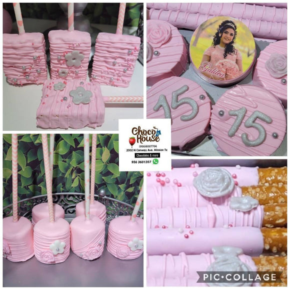 48- Sweet Sixteen Quince XV Princess Bithday treats bundle Party Favors  for candy table. Pink colors and edible image