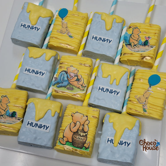 Winnie Pooh hunny pot Rice krispy Baby Shower treat. 12 pieces