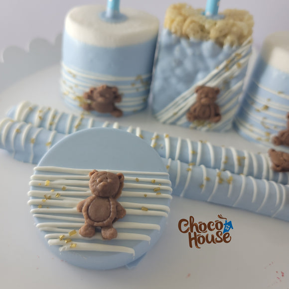 Teddy bear Baby Shower themed treats bundle . Baby boy . Dessert. Light blue and white . 48 pieces