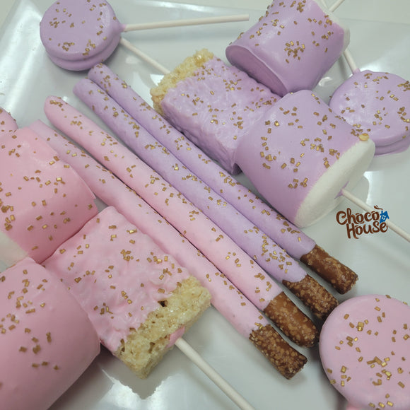 48 ct Pink and lilac ( lavander) treats with gold sprinkles bundle candy table. Wedding,  Aniversary, Graduation,  Birthday