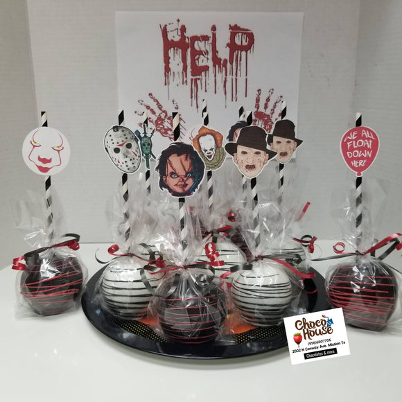 Scary, Horror, Halloween chocolate candy apples, Trick or treat.  candy table. 10 apples.