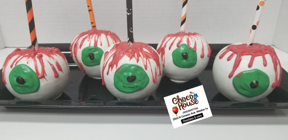 Eyeballs, Scary, Horror, Halloween chocolate candy apples, Trick or treat.  candy table. 10 apples.