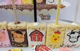 Farm House animals chocolate covered rice krispies /candy table. Farm animals