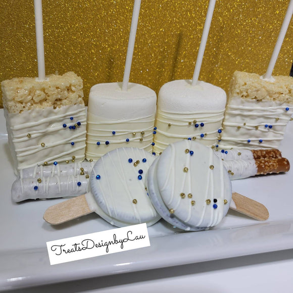 48p White/ blue and gold sprinkles treats bundle candy table. Wedding,  Aniversary, Graduation,  Birthday