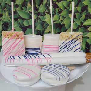 48p Gender reveal treats bundle candy table. White/ blue drizzle / Bright pink drizzle